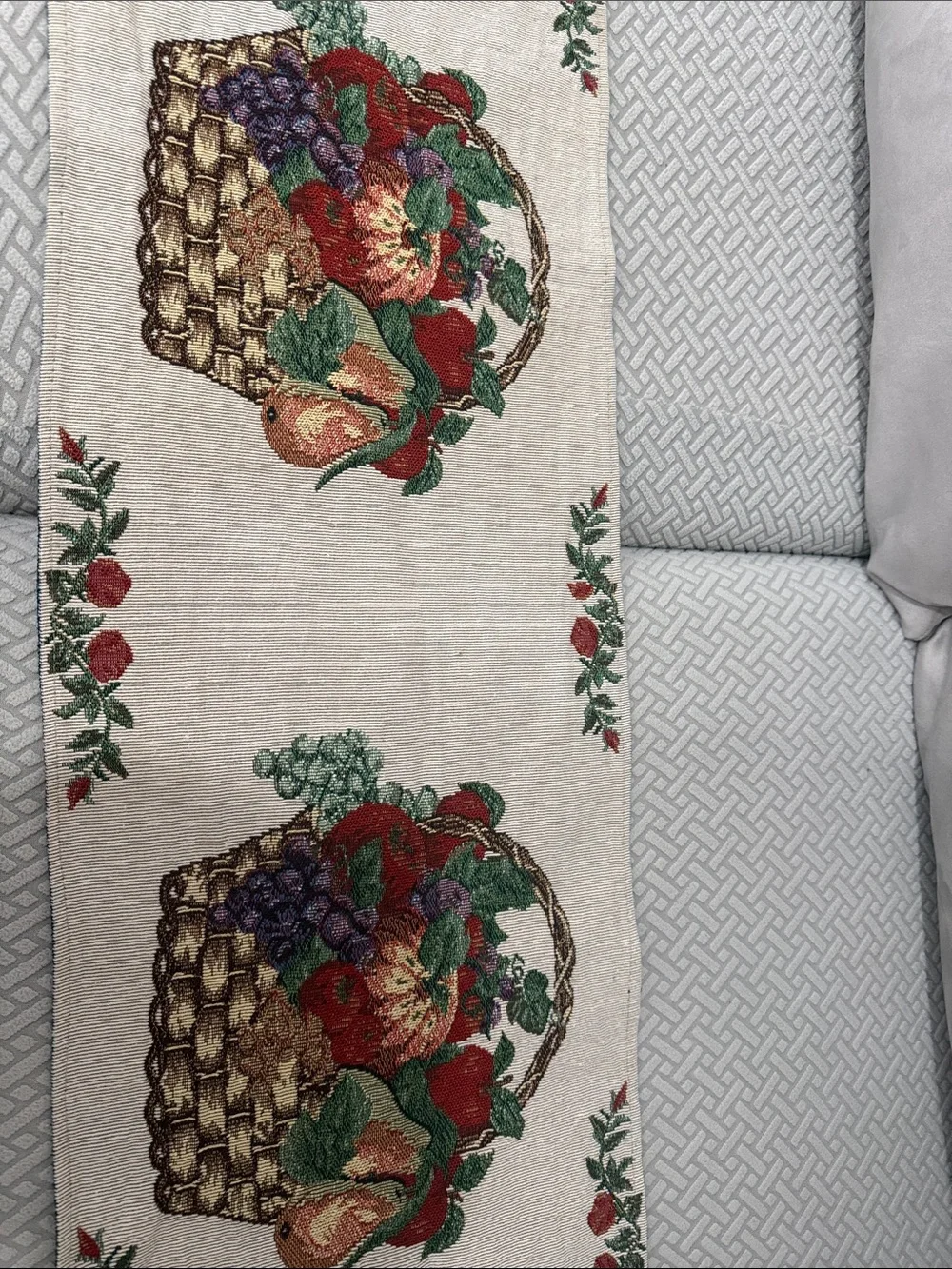 Vintage Tapestry Fruit Basket Embroidered Table Runner and 2 Placemats 70” Long